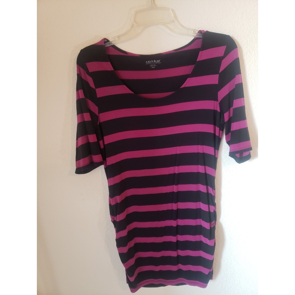 A Pea in the Pod Maternity Top Medium Magenta Black Striped Ruched Elbow Sleeve - Picture 1 of 5
